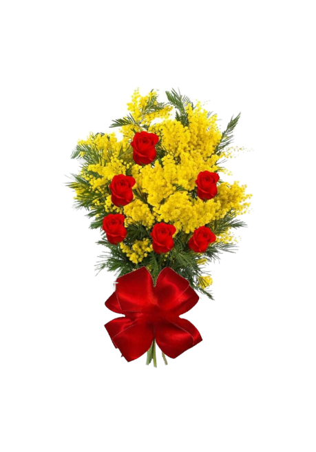 Bouquet 6 Rose Rosse e Mimosa