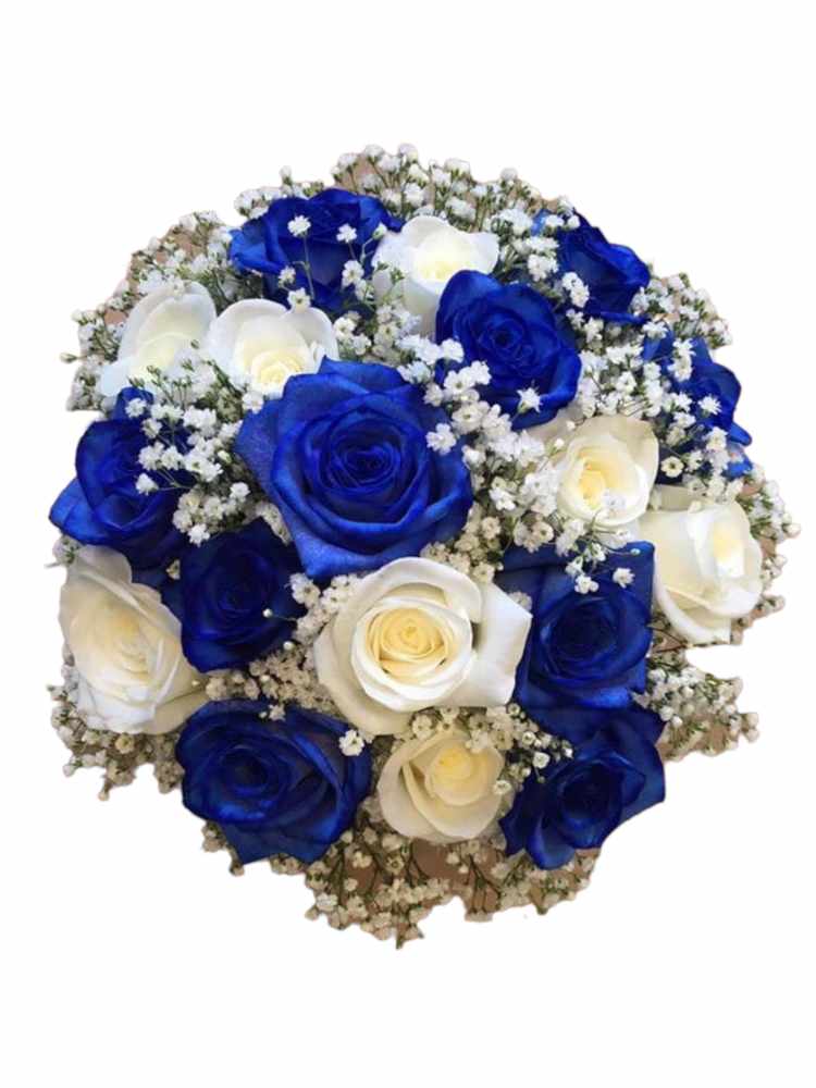 Featured image for “Bouquet da sposa rose bianche, rose blu e gypsophila”