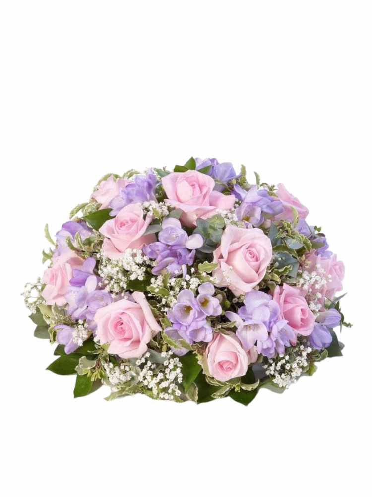 Featured image for “Centro tavola rose rosa e fresie lilla”