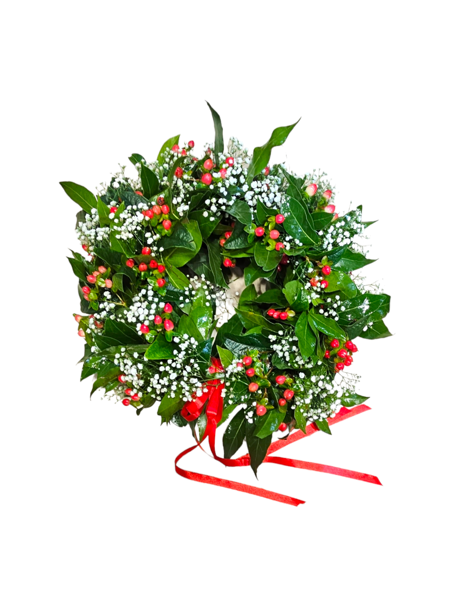 Featured image for “Coroncina per laurea con hypericum rosso e gypsophila”