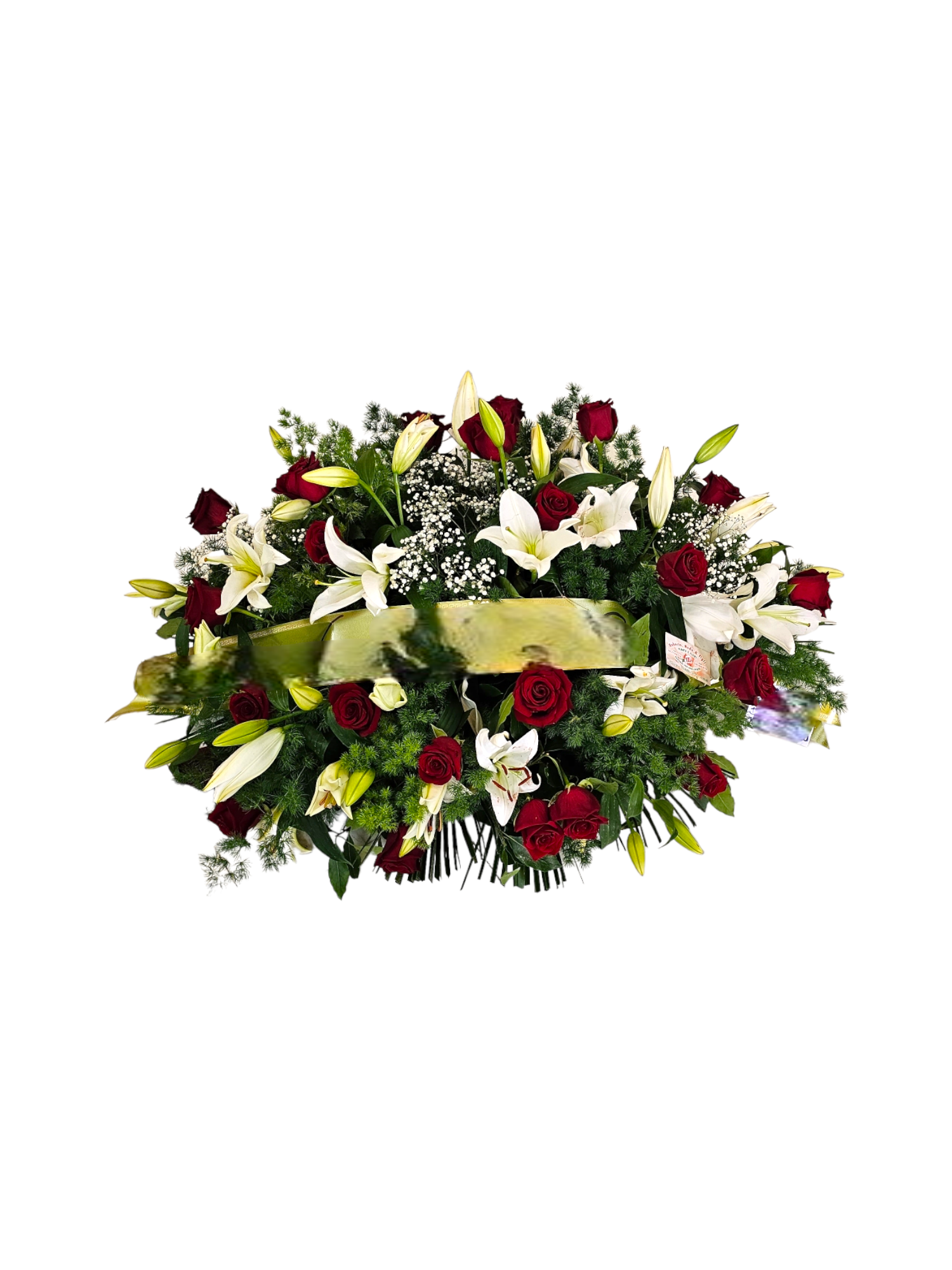 Featured image for “Cuscino funebre rose rosse e lilium bianchi”