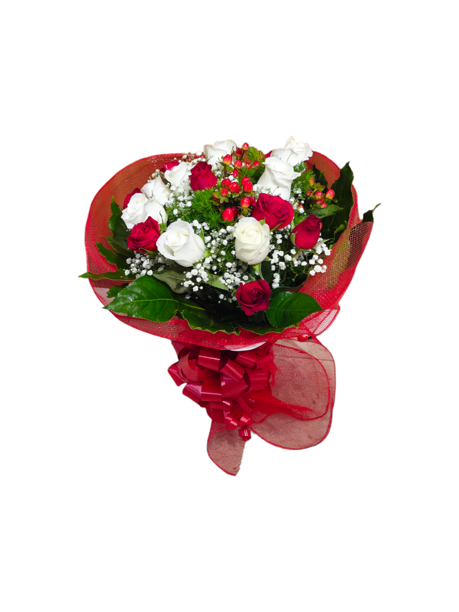 Featured image for “Bouquet per laurea rose rosse e hypericum”