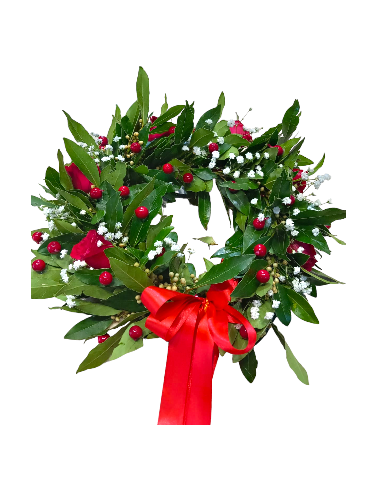 Coroncina con rose rosse e bacche artificiali