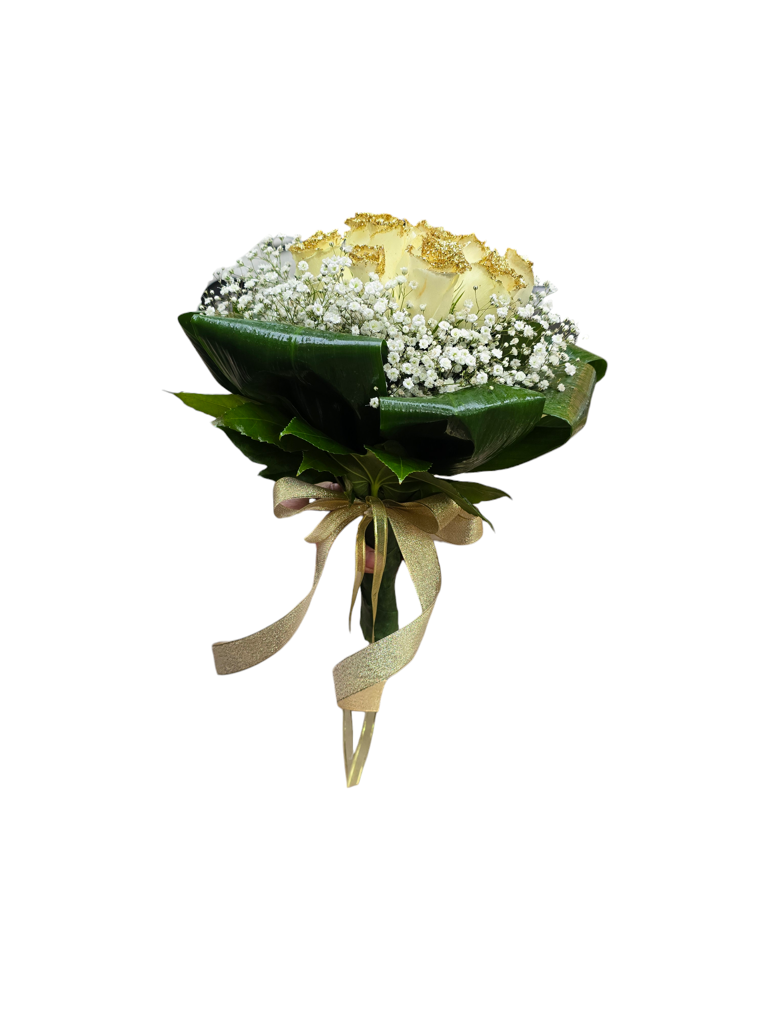 Bouquet nozze d'oro con rose bianche e porporina dorata, gipsofila e nastro glitter su fondo bianco.