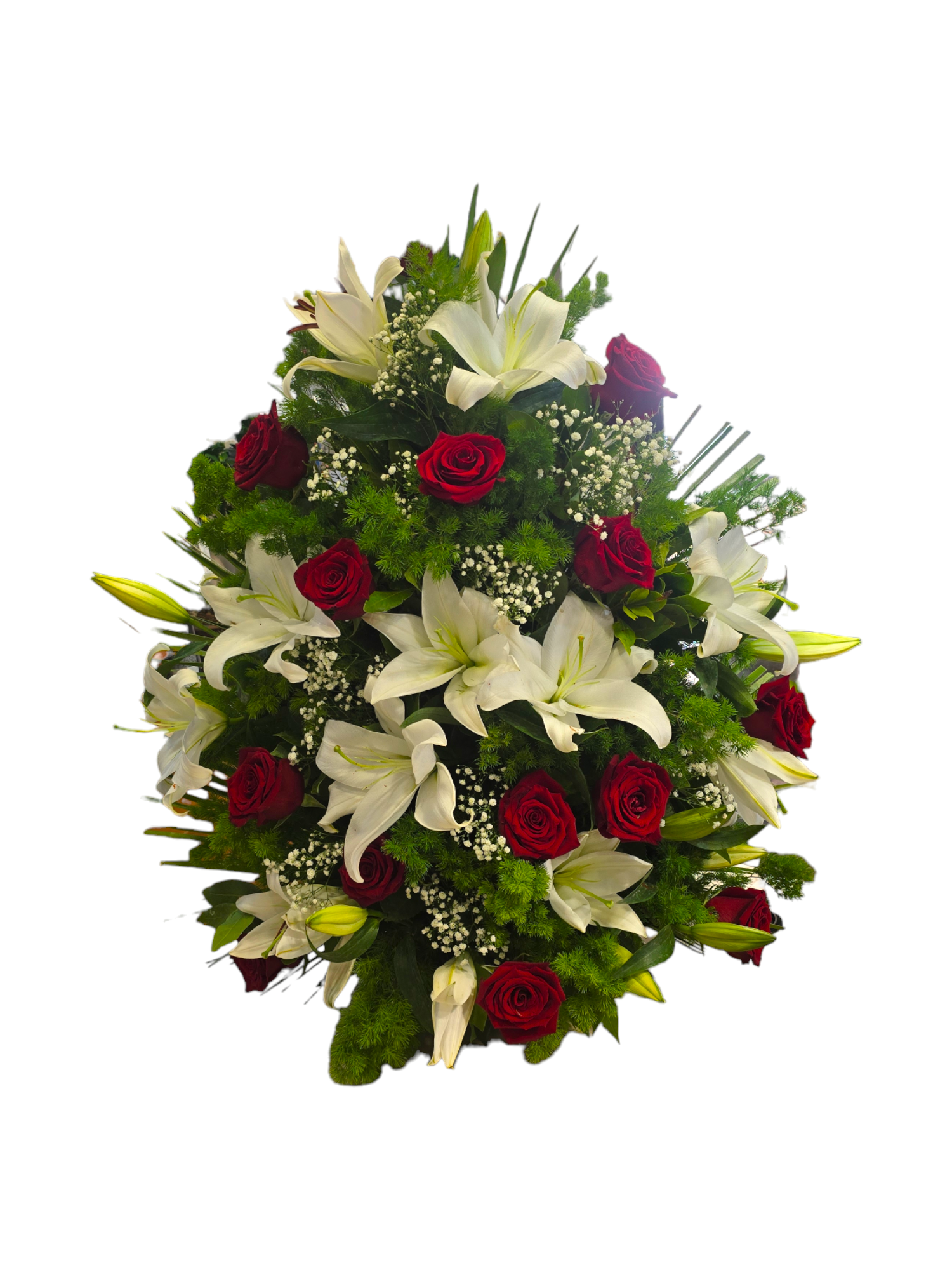 Featured image for “Addobbo lilium bianchi e rose rosse”
