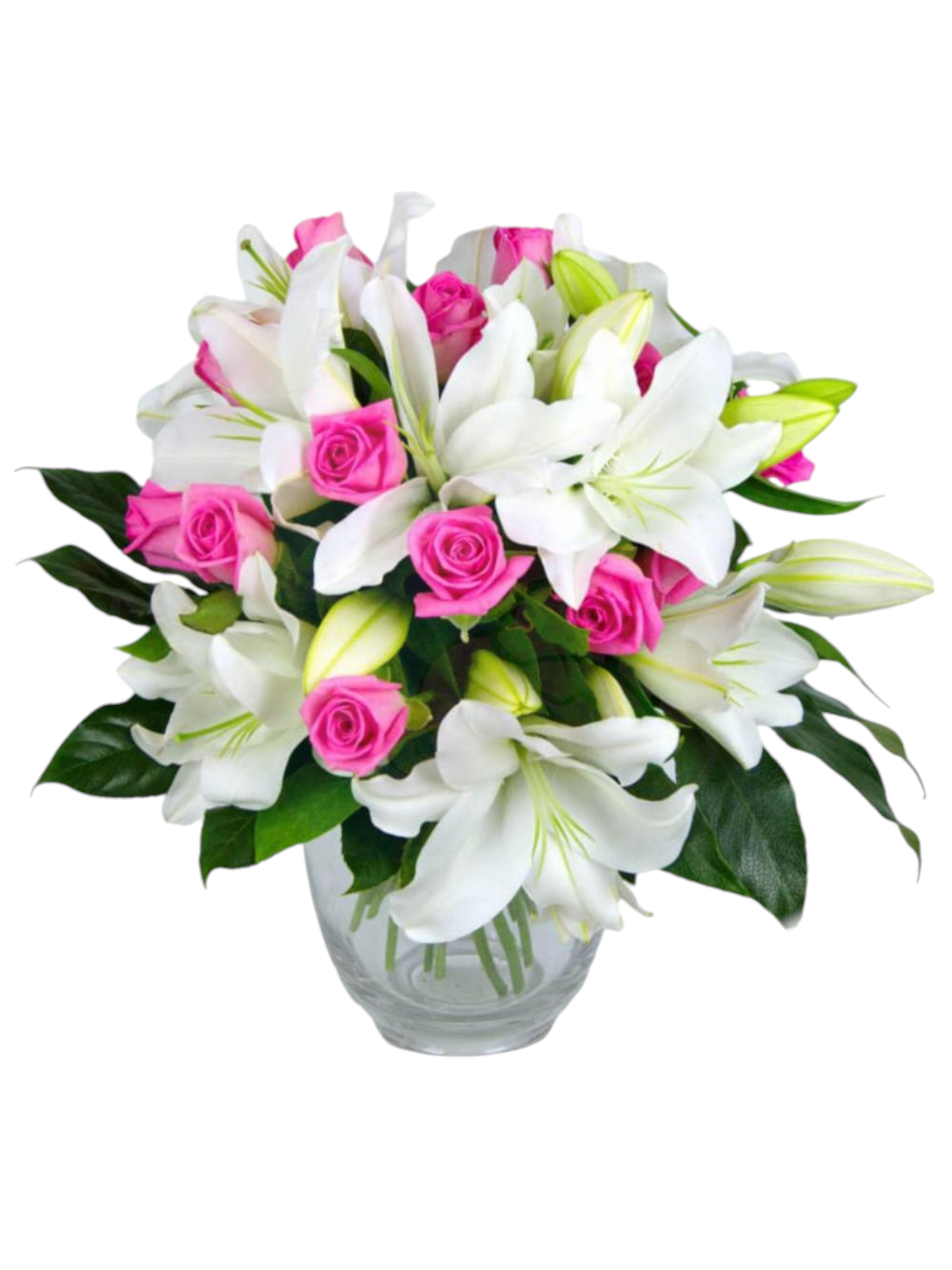 Featured image for “Bouquet di rose fucsia e lilium bianchi”
