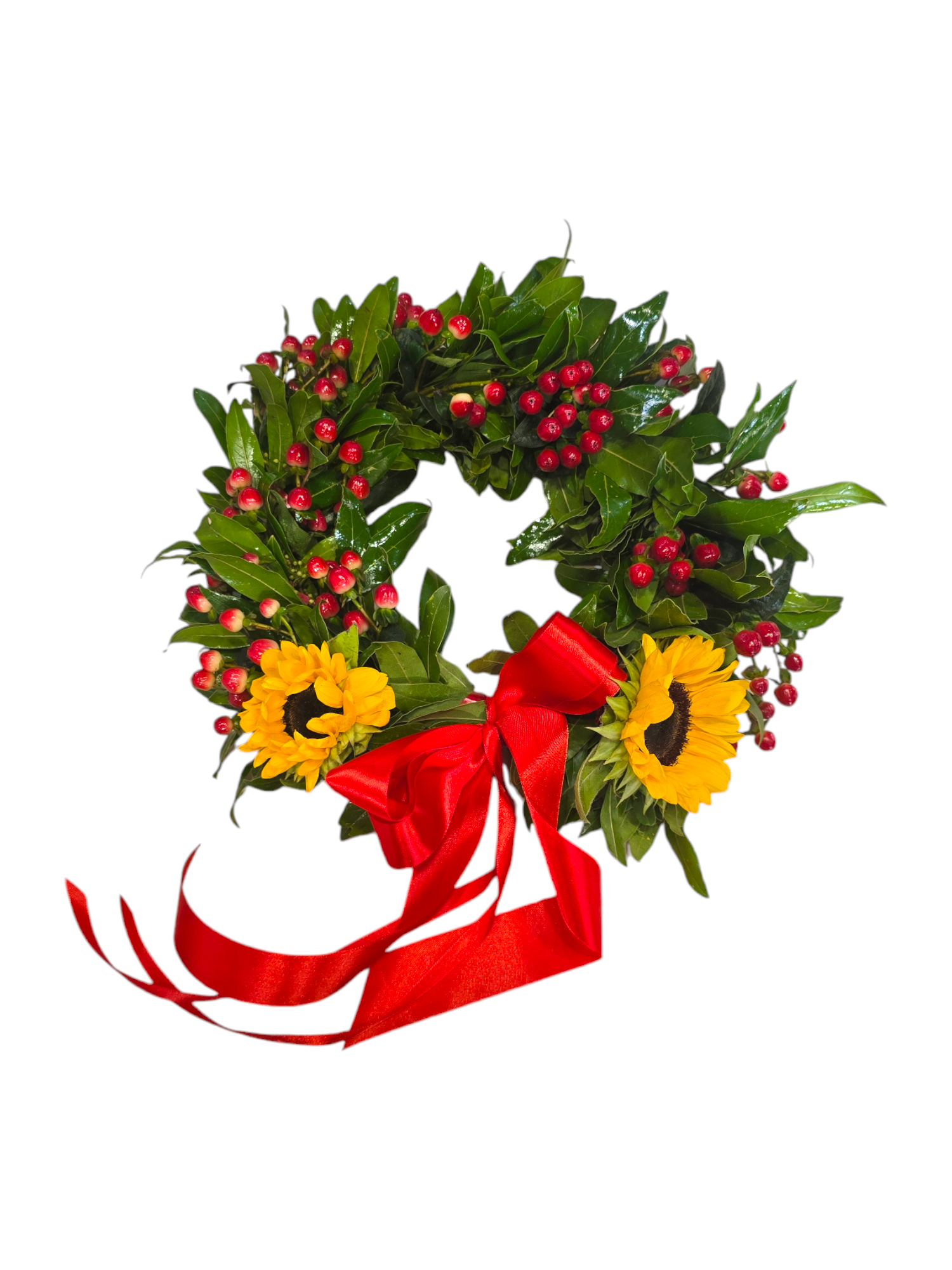 Coroncina con hypericum rosso e girasoli
