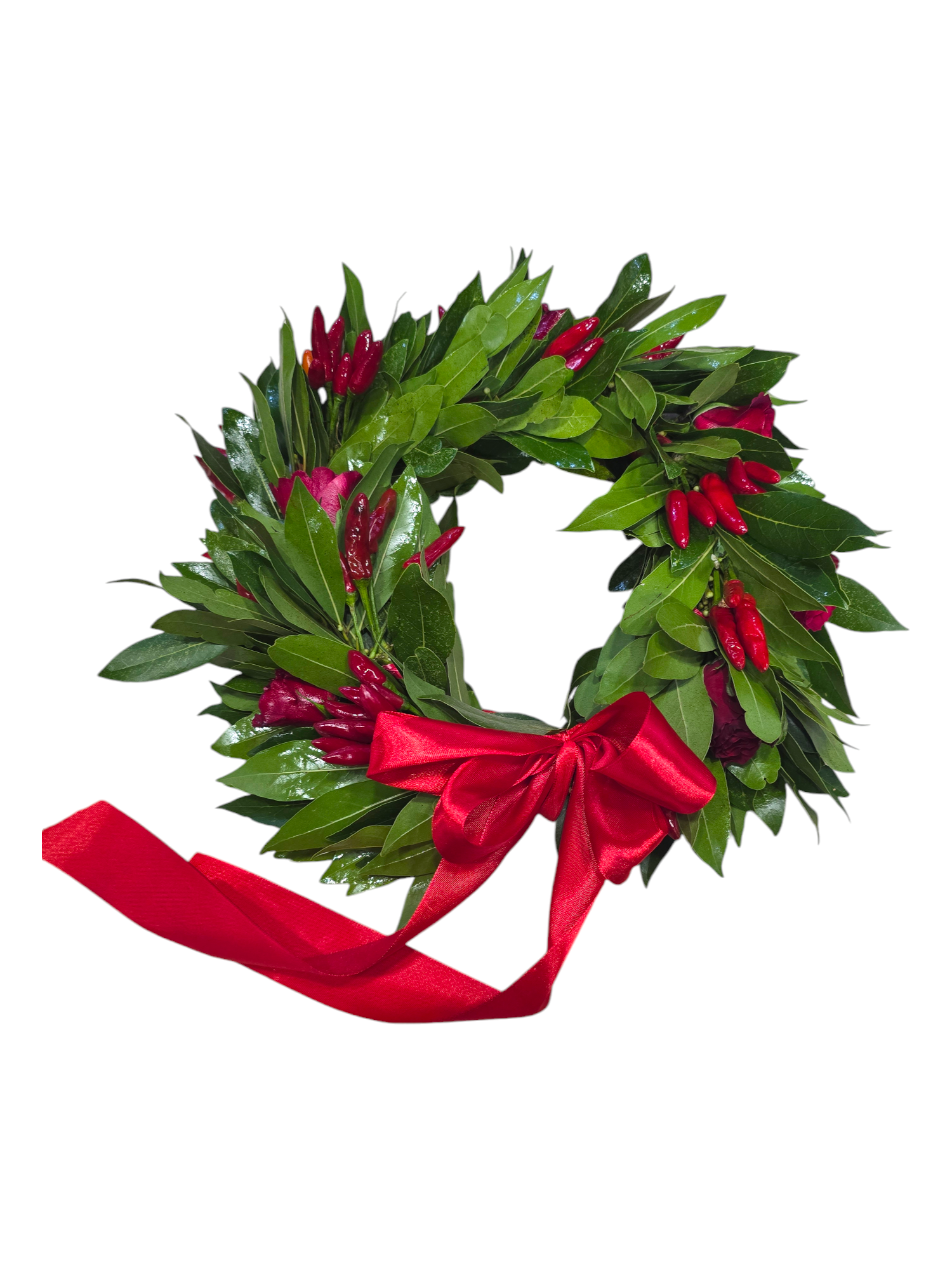 Featured image for “Coroncina con rose rosse e peperoncini”