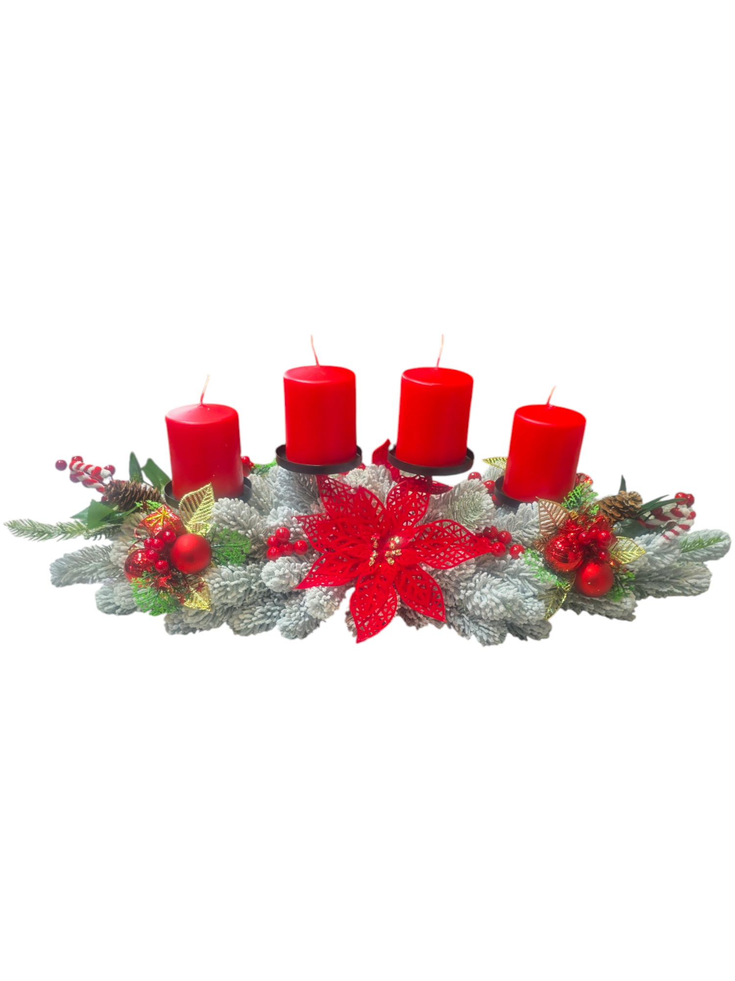 Featured image for “Centrotavola dell’Avvento Innevato – Composizione natalizia con 4 candele rosse”