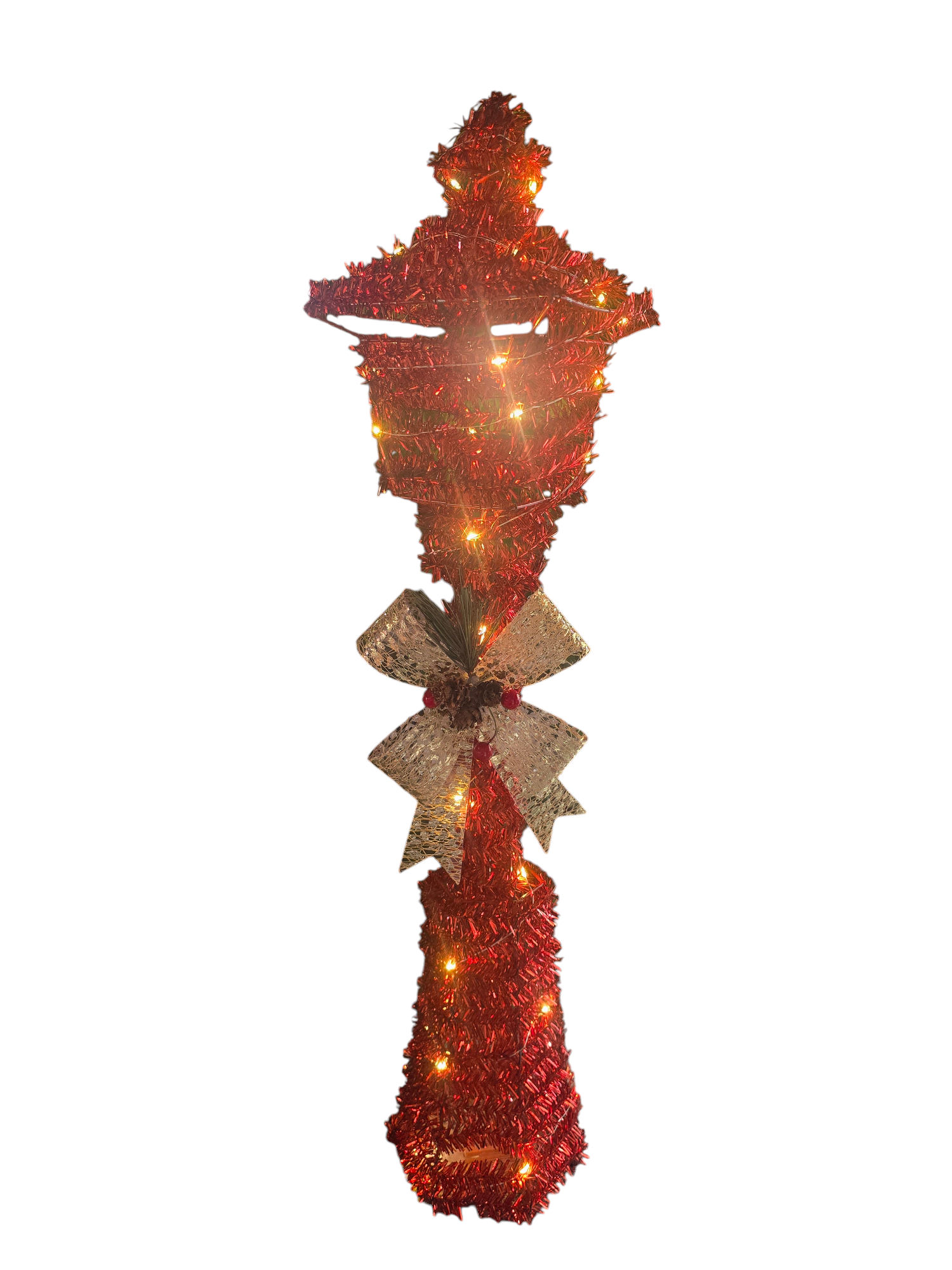 Featured image for “Lampione Natalizio Luminoso 70 cm – Tinsel Rosso con LED e Fiocco Oro”