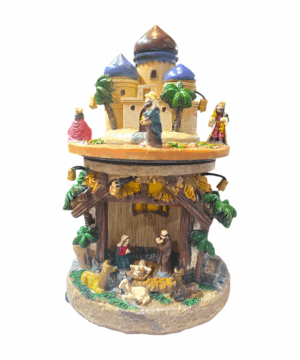 Scena della Natività con luci calde e figure in resina dipinta a mano