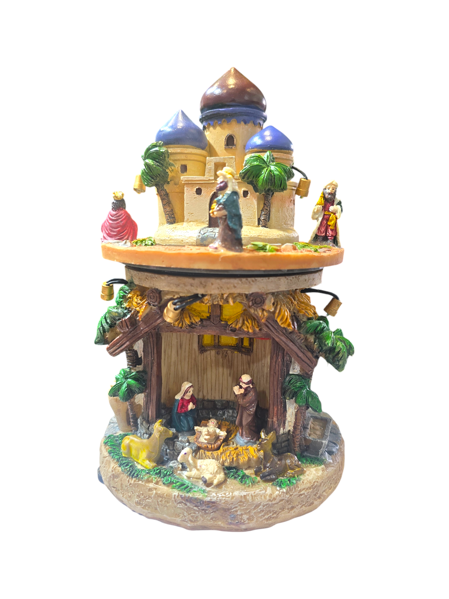 Featured image for “Presepe Carillon Girevole a Doppio Livello con Luci LED e Musica – Natività in Resina”