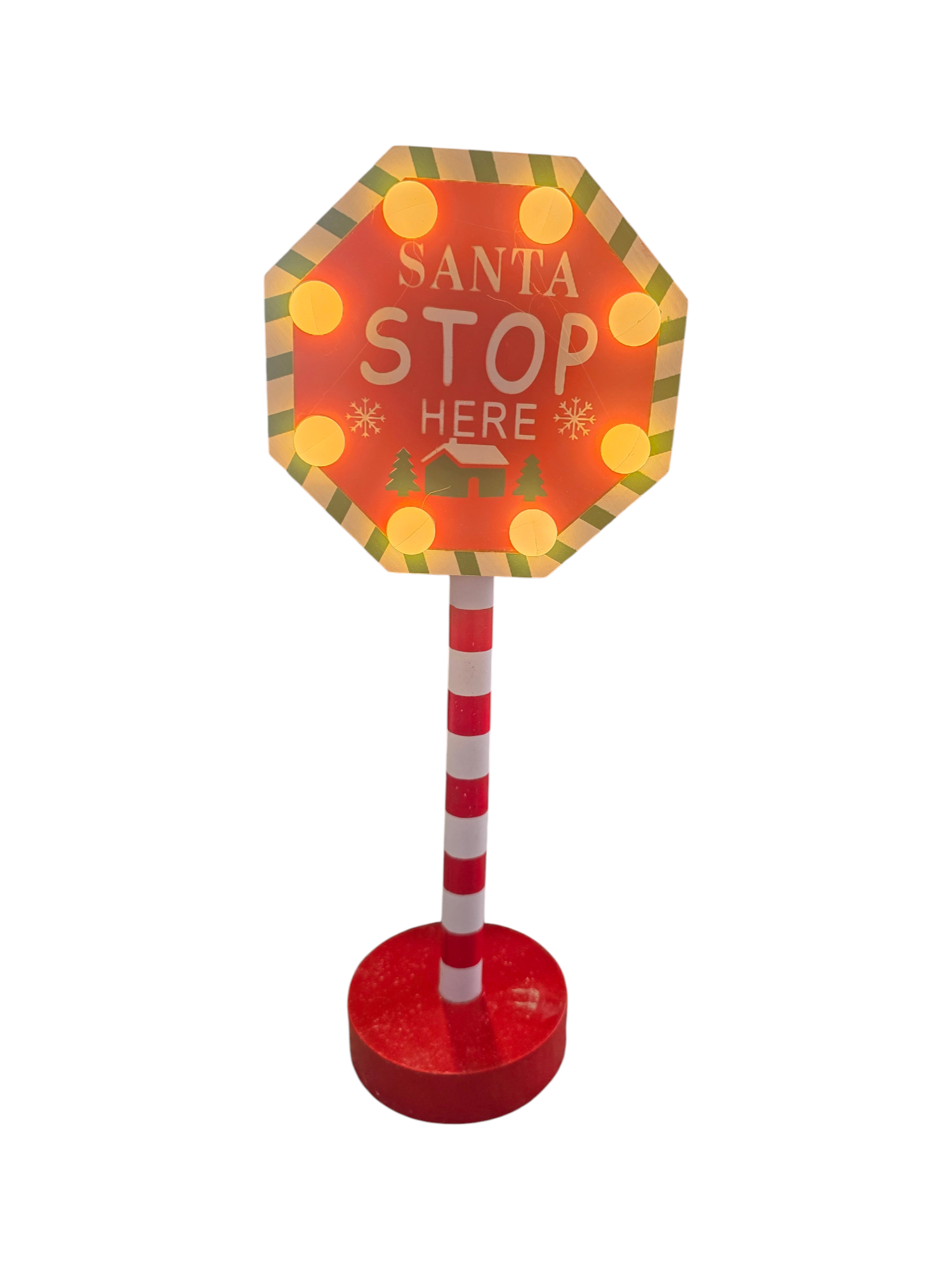 Segnale luminoso “Santa Stop Here” acceso con luci a LED calde