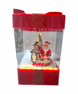 Scatola regalo animata con Babbo Natale, Pupazzo di Neve e luci LED accese