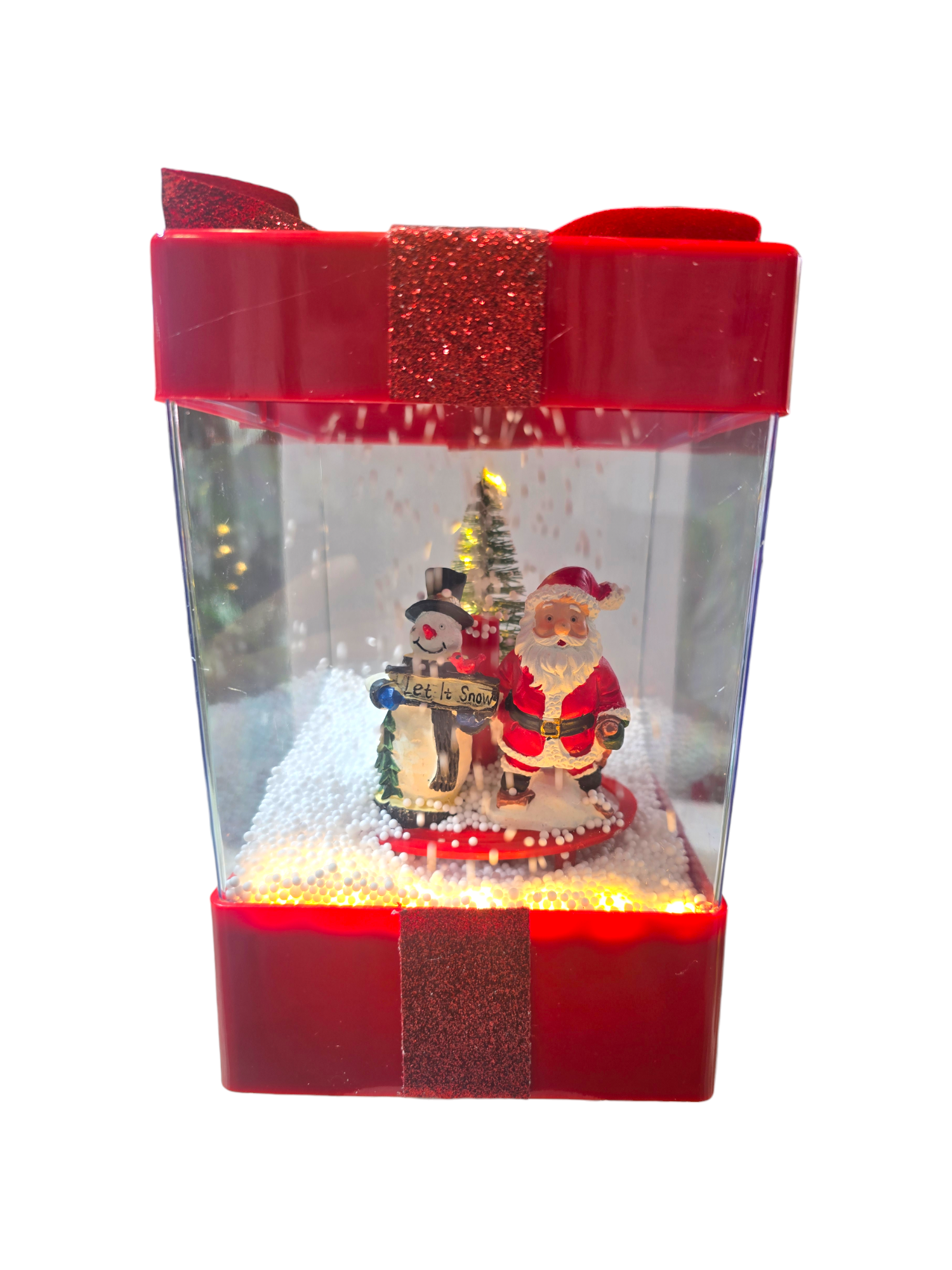 Featured image for “Scatola Regalo Animata “Let It Snow” con Luci LED, Neve in Movimento e Musica”