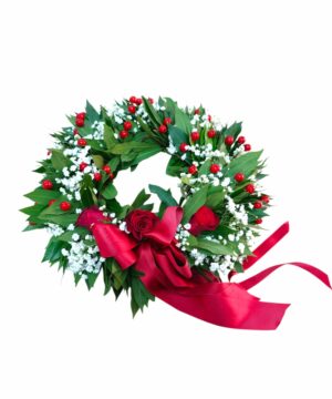 Coroncina laurea con alloro, gypsophila e rose rosse