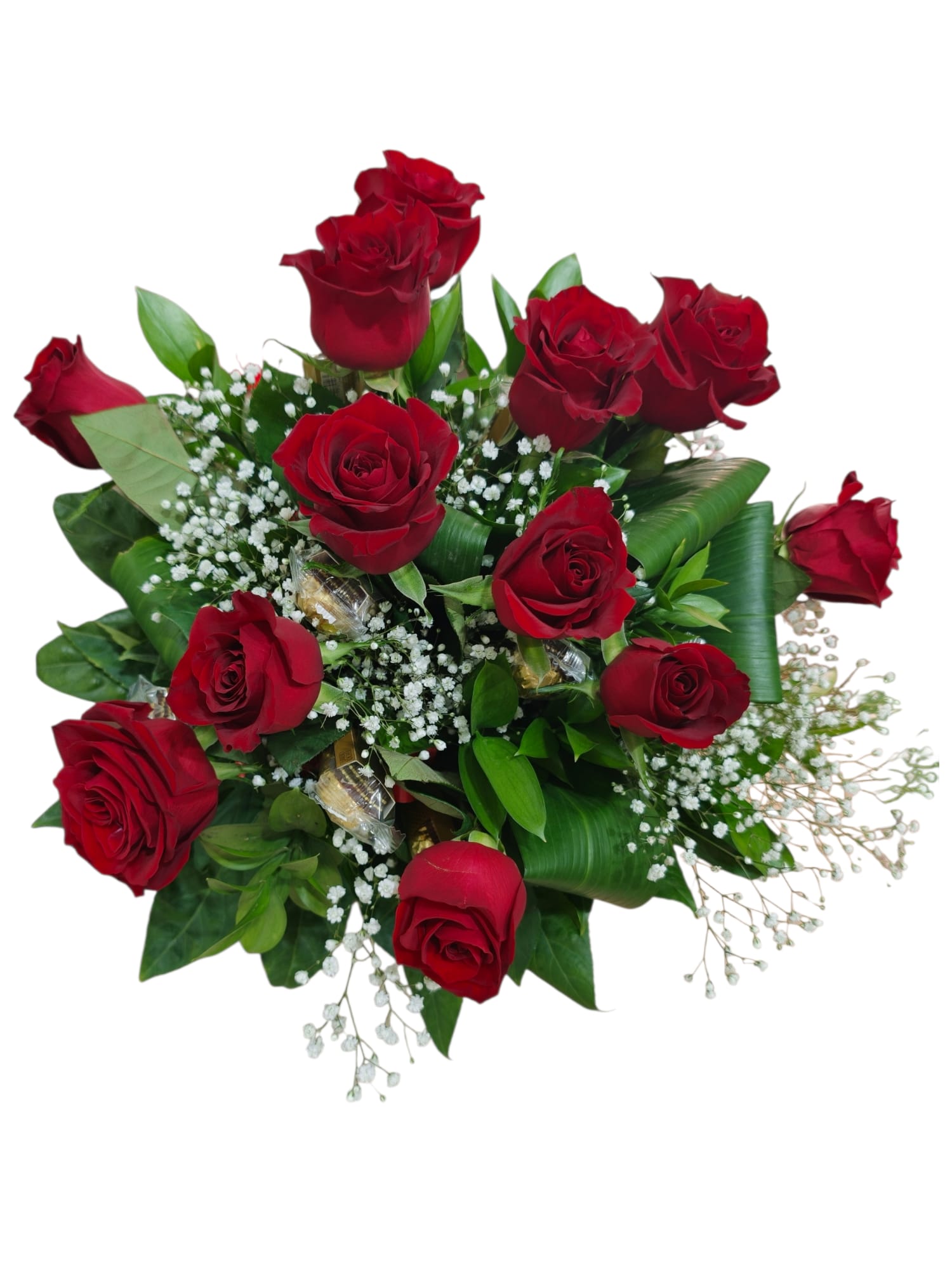 Featured image for “Bouquet di 12 rose rosse con Ferrero Rocher”