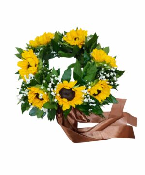 Coroncina di alloro con girasoli grandi e gypsophila