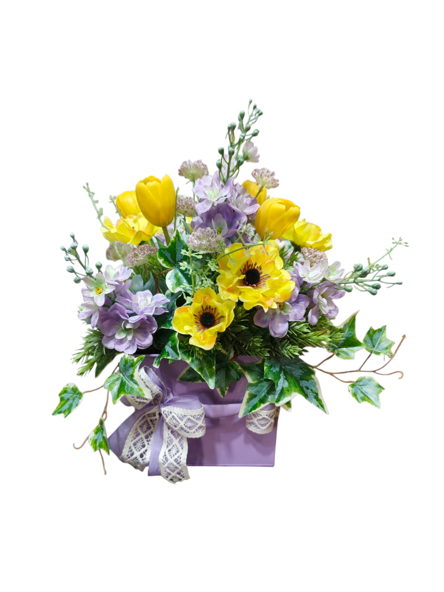 Featured image for “Cubo floreale artificiale giallo e lilla”