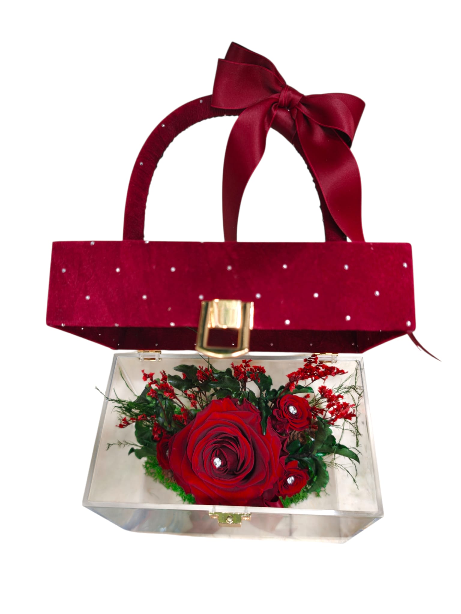 Featured image for “Borsa decorativa con rose stabilizzate rosse”